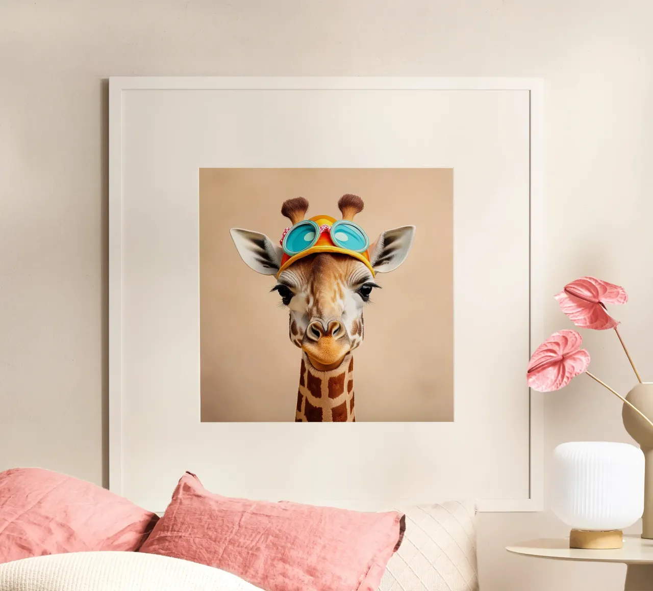Jirafa graciosa con sombrero y gafas | Arte único de animales para pared poster con marco de plástico de FlexiDesignsByK