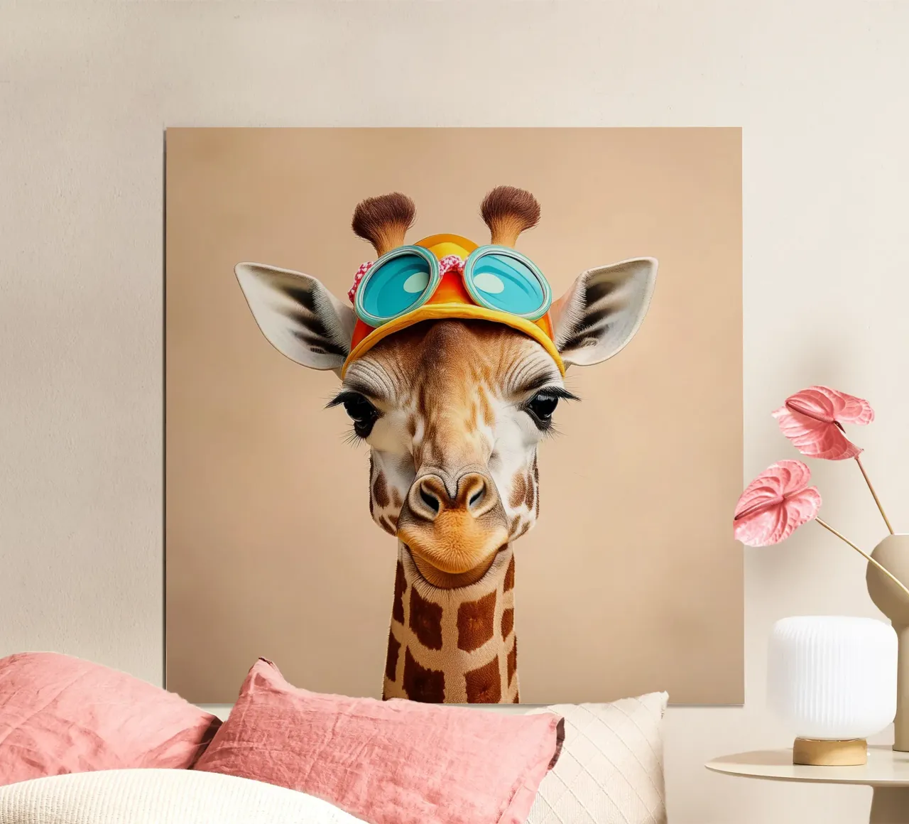Jirafa graciosa con sombrero y gafas | Arte único de animales para pared poster con marco de plástico de FlexiDesignsByK