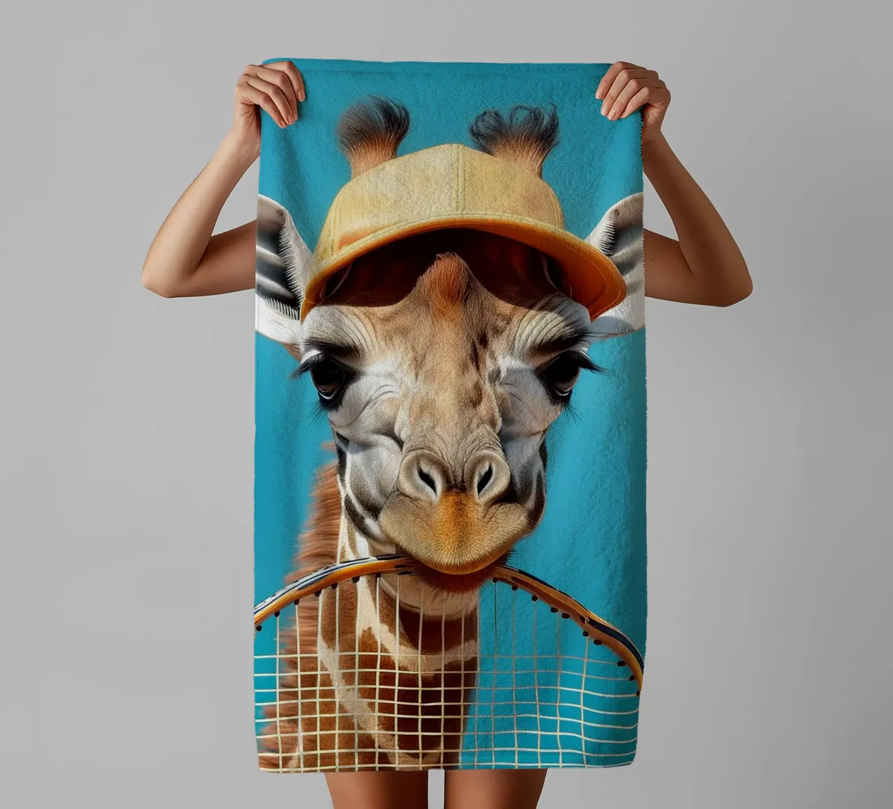 Giraffe with Tennis Racket & Cap | Fun and Quirky Wall Art towel by FlexiDesignsByK
