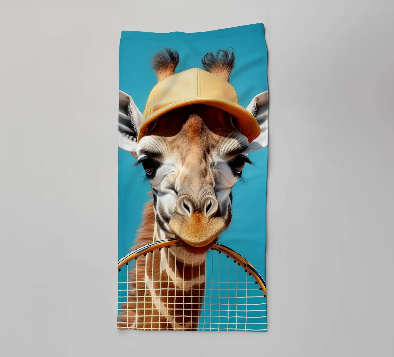 Giraffe with Tennis Racket & Cap | Fun and Quirky Wall Art towel by FlexiDesignsByK