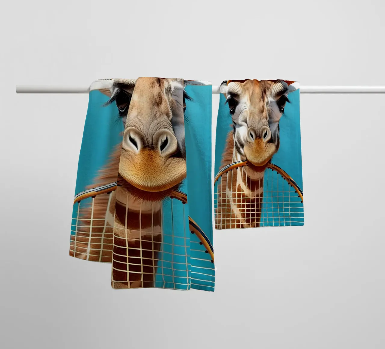 Giraffe with Tennis Racket & Cap | Fun and Quirky Wall Art towel by FlexiDesignsByK
