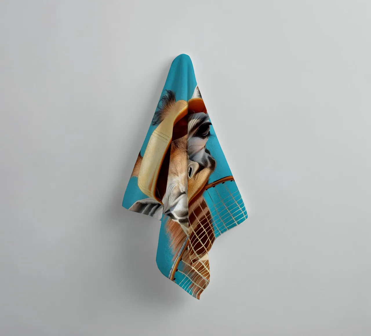 Giraffe with Tennis Racket & Cap | Fun and Quirky Wall Art towel by FlexiDesignsByK