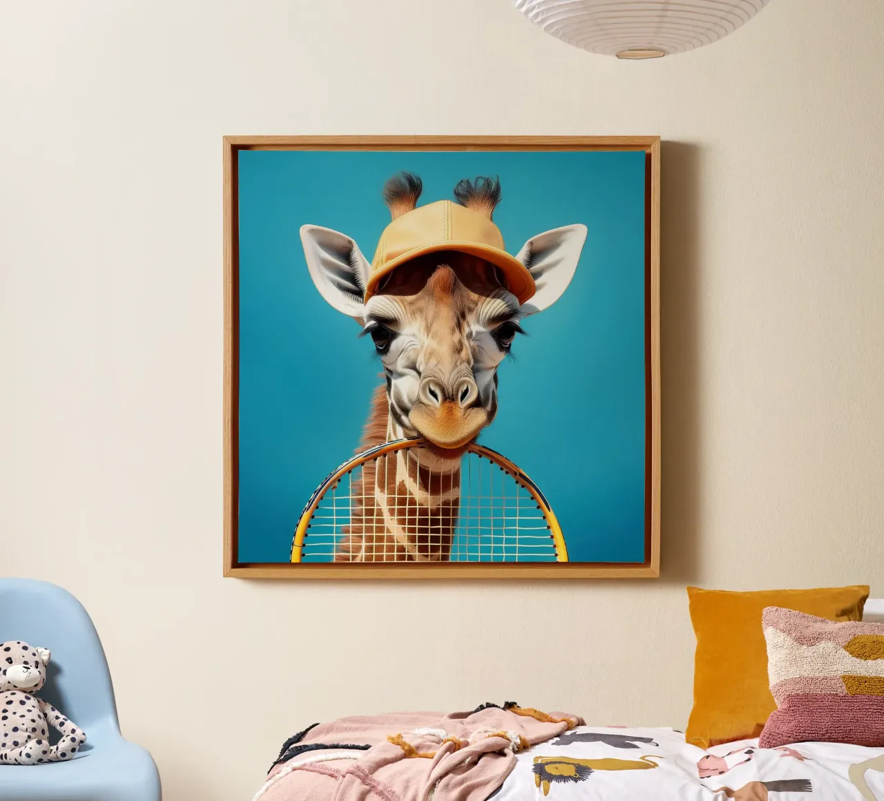 Giraffe with Tennis Racket & Cap | Fun and Quirky Wall Art canvas with Floater frame by FlexiDesignsByK
