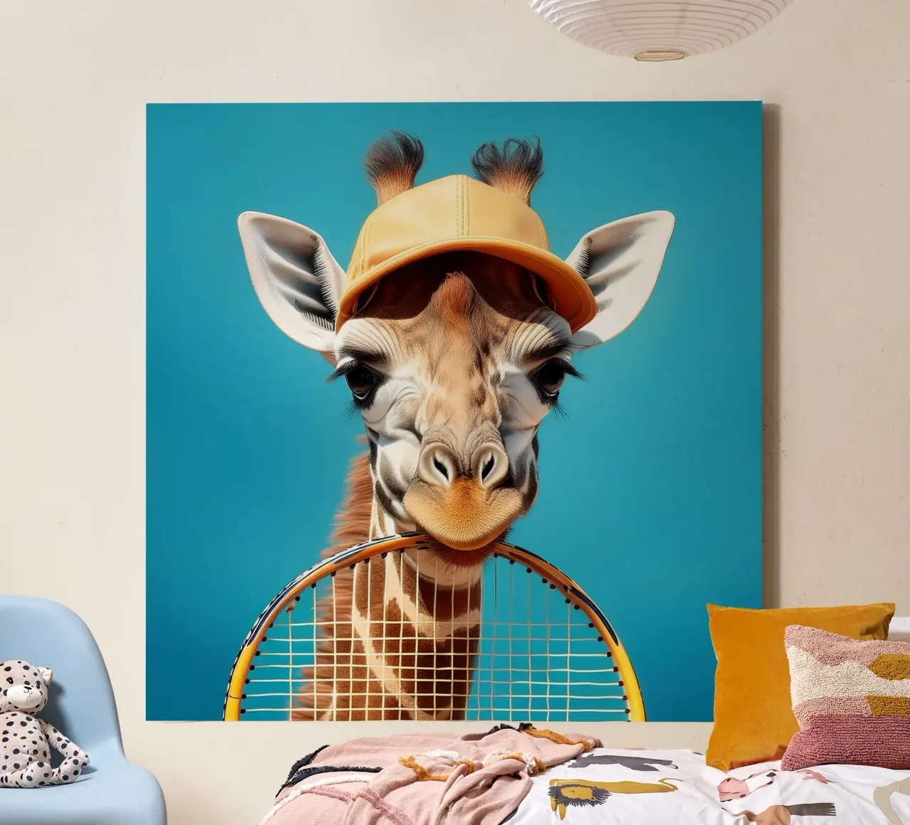 Giraffe with Tennis Racket & Cap | Fun and Quirky Wall Art canvas with Floater frame by FlexiDesignsByK