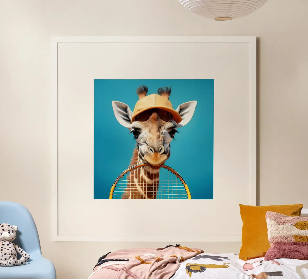 Giraffe met Tennis Racket & Pet | Leuk en Eigenzinnig Muurkunstwerk poster van FlexiDesignsByK