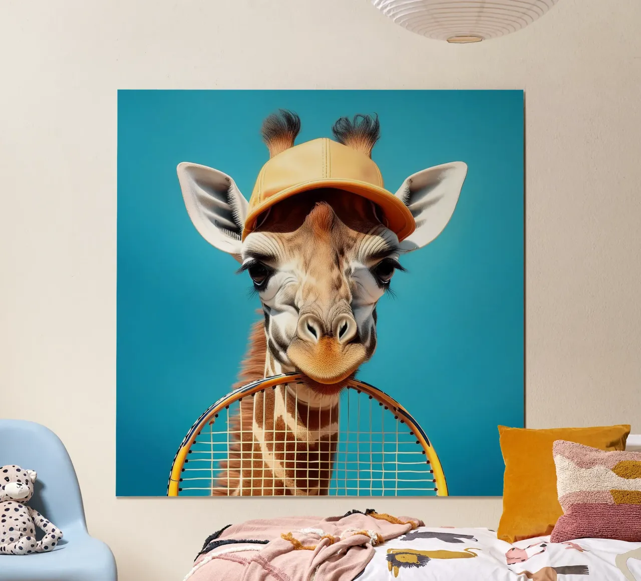 Giraffe met Tennis Racket & Pet | Leuk en Eigenzinnig Muurkunstwerk poster van FlexiDesignsByK