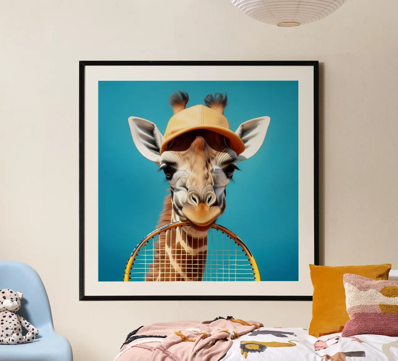 Giraffe met Tennis Racket & Pet | Leuk en Eigenzinnig Muurkunstwerk poster van FlexiDesignsByK