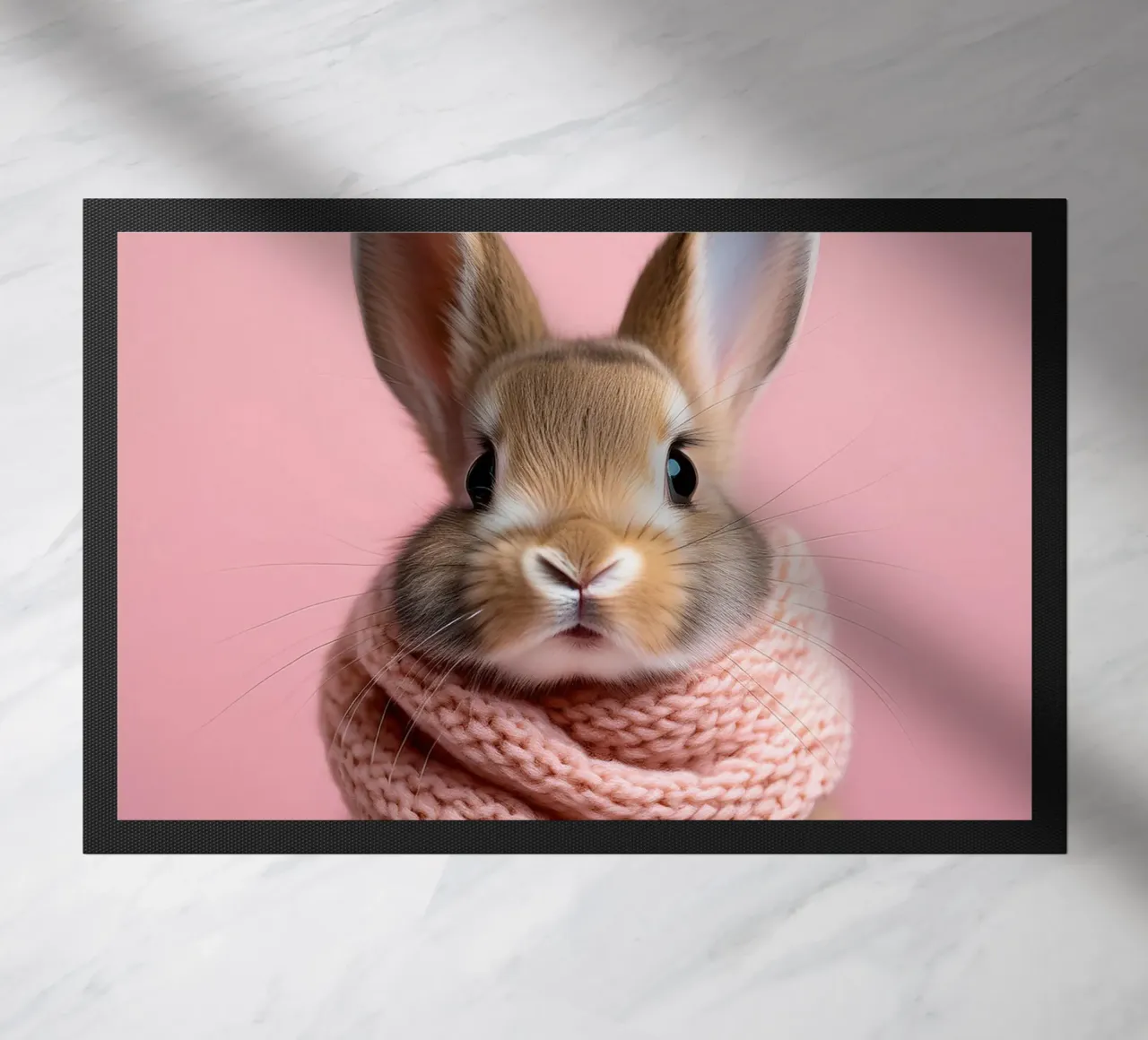 Adorable Bunny with Pink Scarf | Cute and Cozy Wall Art doormat by FlexiDesignsByK