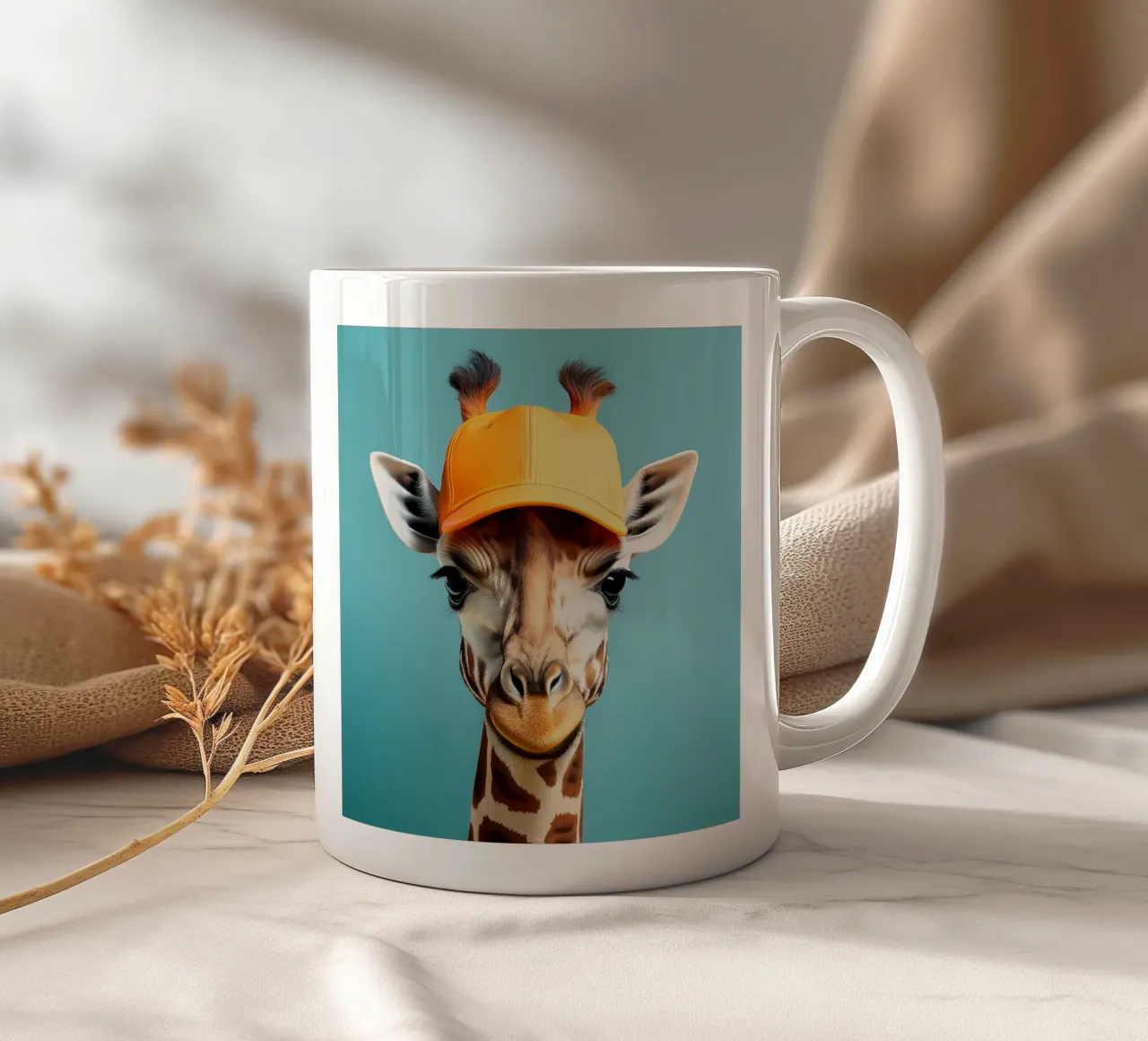 Quirky Giraffe with Orange Hat | Fun Animal Wall Art ceramic mug by FlexiDesignsByK