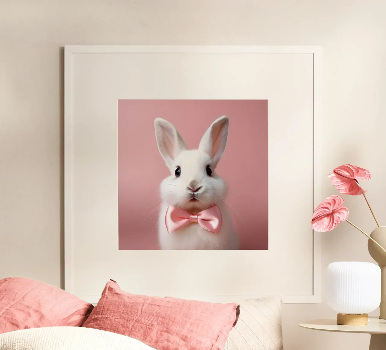 Adorabile coniglietto con fiocco rosa | Animale stravagante da parete poster con telaio in legno da FlexiDesignsByK