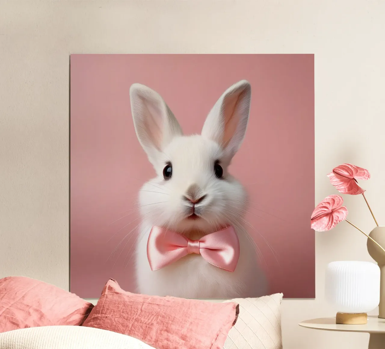 Adorabile coniglietto con fiocco rosa | Animale stravagante da parete poster con telaio in legno da FlexiDesignsByK