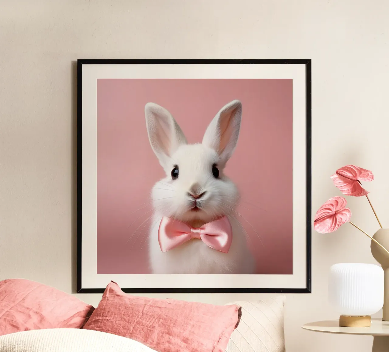 Adorabile coniglietto con fiocco rosa | Animale stravagante da parete poster con telaio in legno da FlexiDesignsByK