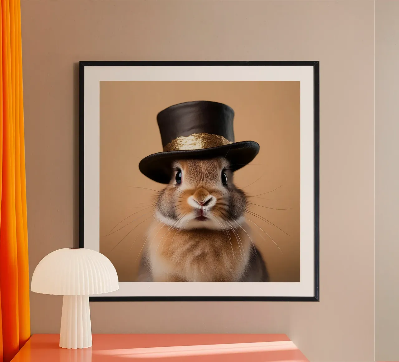 Charmant lapin coiffé d'un haut-de-forme Impression d'art | Décoration murale fantaisiste poster avec cadre en plastique de FlexiDesignsByK