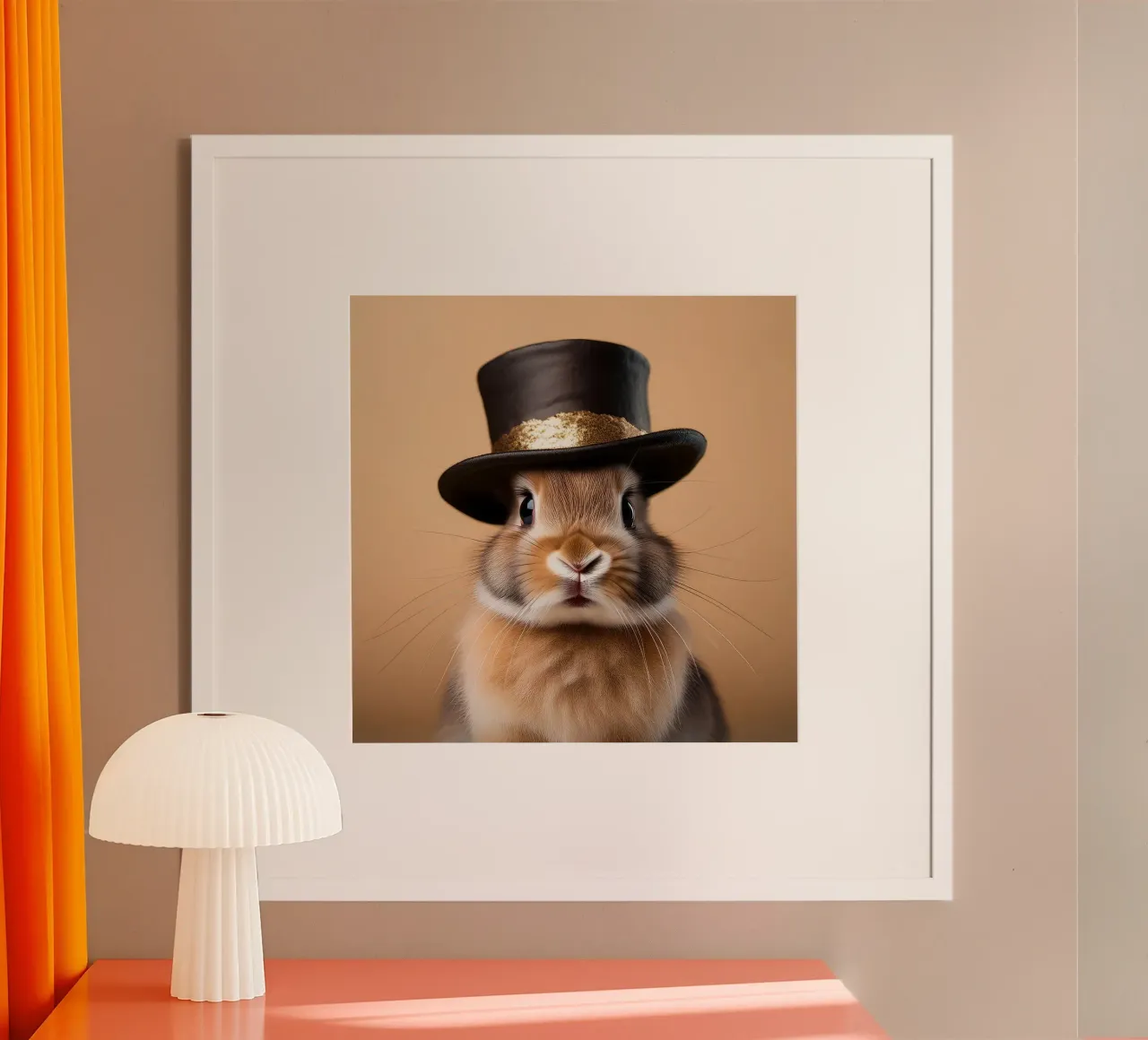 Charmant lapin coiffé d'un haut-de-forme Impression d'art | Décoration murale fantaisiste poster avec cadre en plastique de FlexiDesignsByK