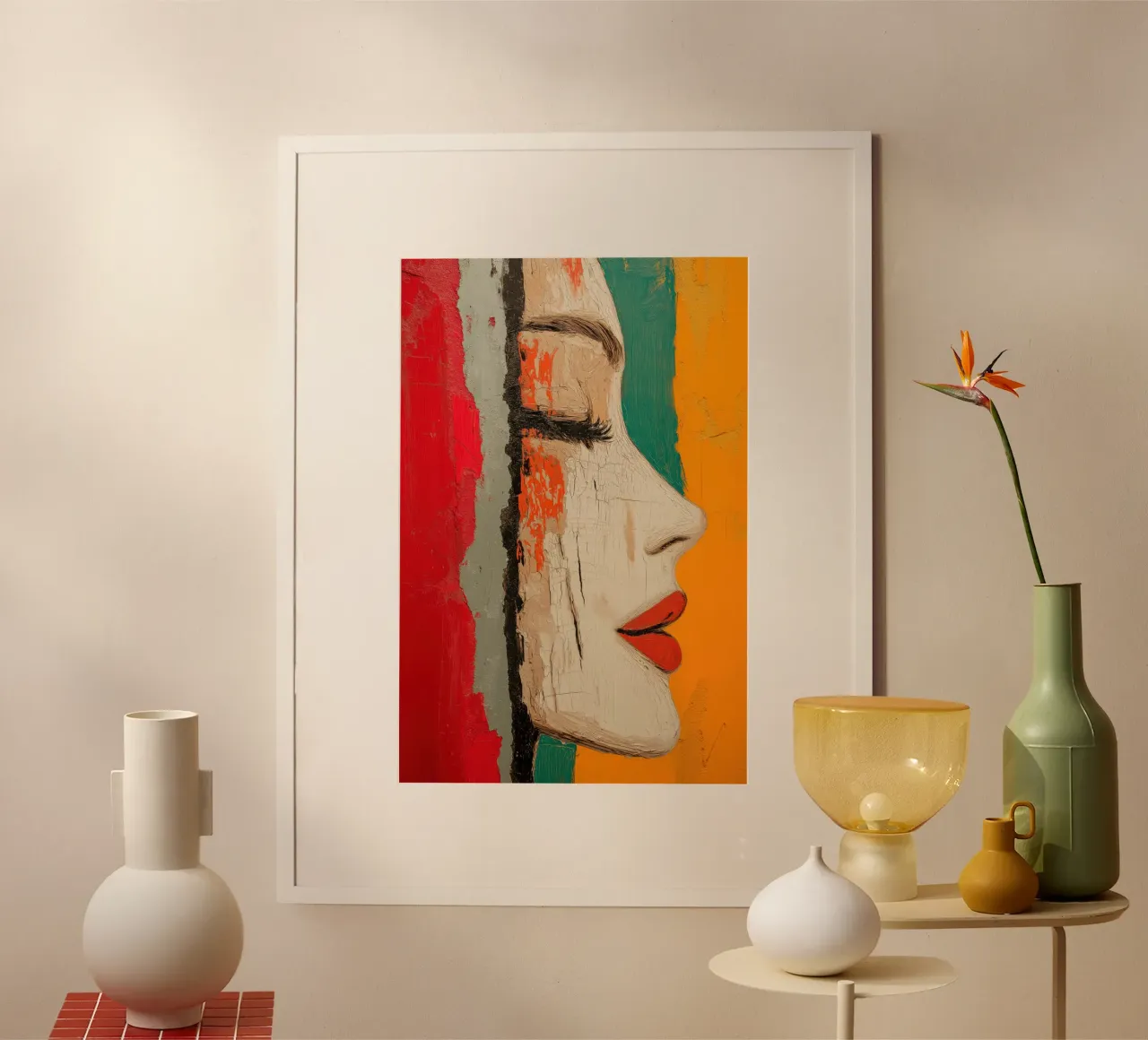Volto femminile astratto poster con telaio in legno da Imagine