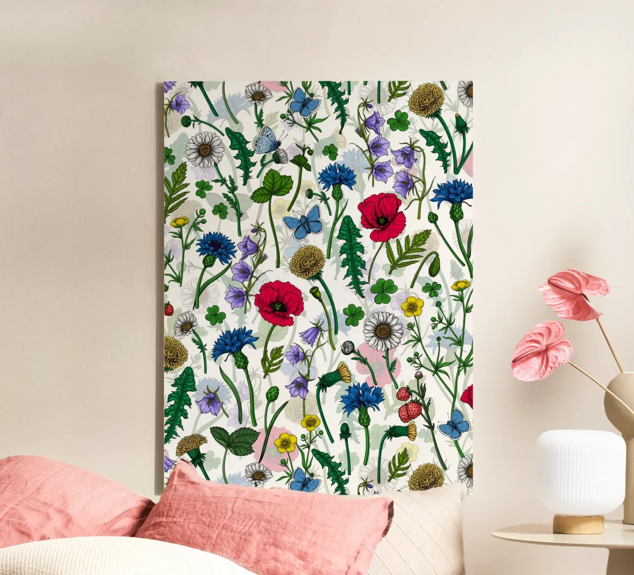 Wilde bloemen, klaprozen, korenbloemen, margrieten en vlinders canvas met Baklijst van Painted Nature