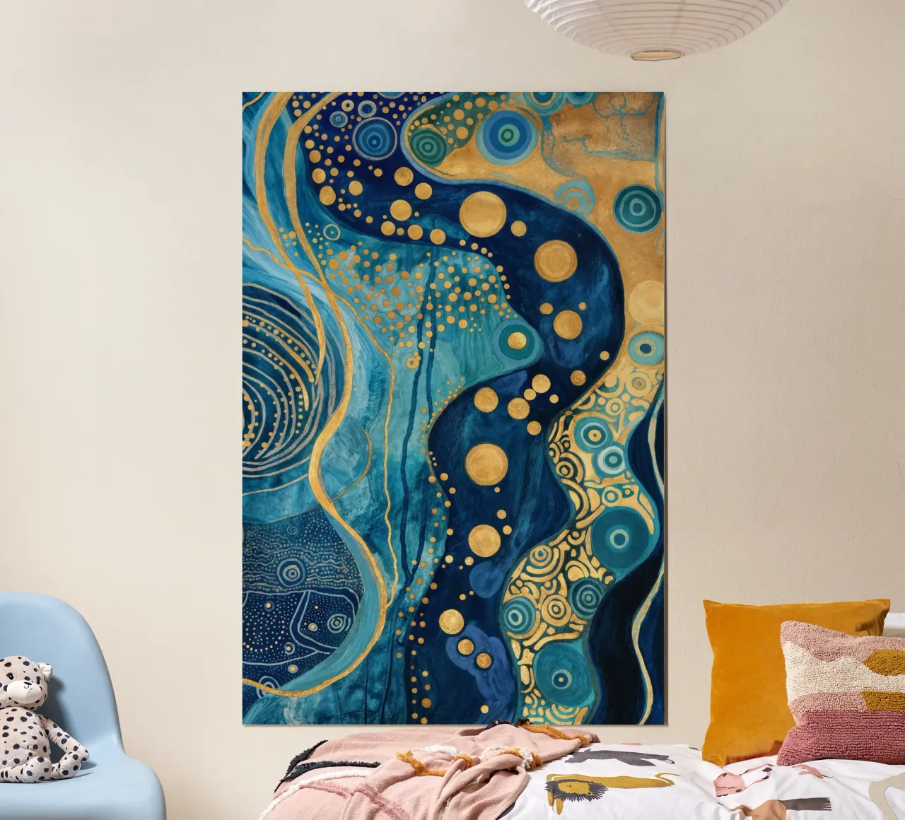 Abstrakte Blaugoldene Fluss-Landschaft in der Nähe von Klimt Poster mit Holzrahmen von Autofocus