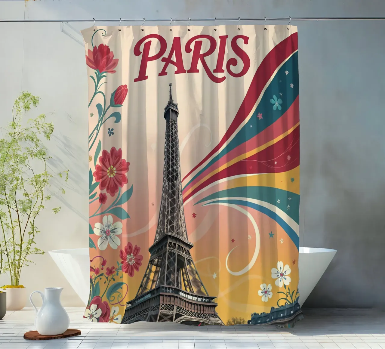 Arte floreale d'epoca della Torre Eiffel di Parigi tenda da doccia da Jester Krew Art