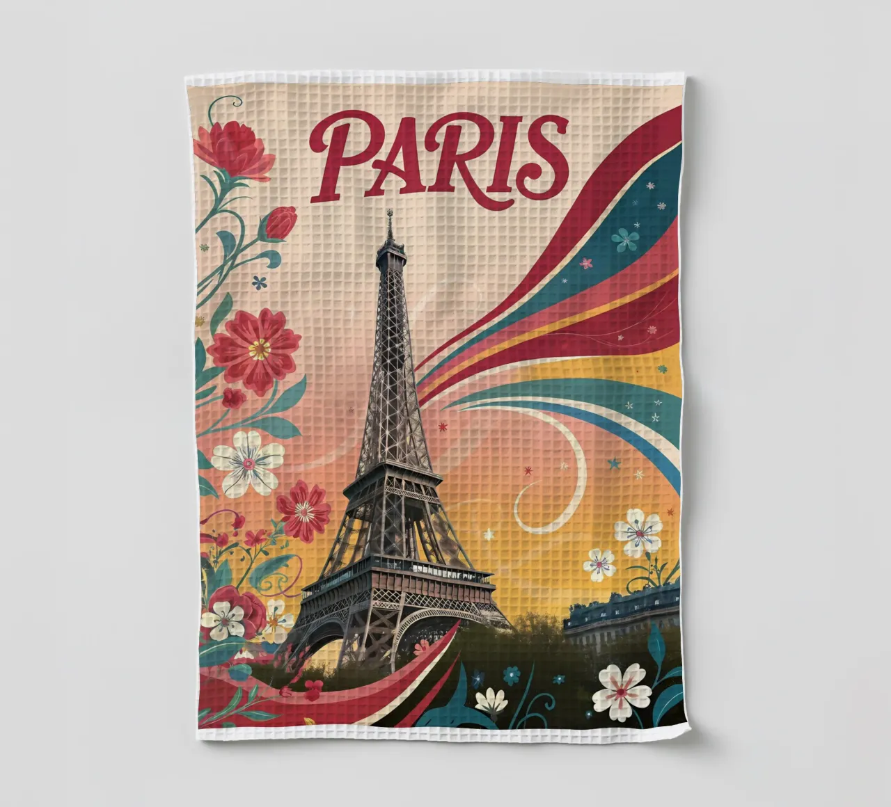 Arte floreale d'epoca della Torre Eiffel di Parigi canovaccio da cucina da Jester Krew Art