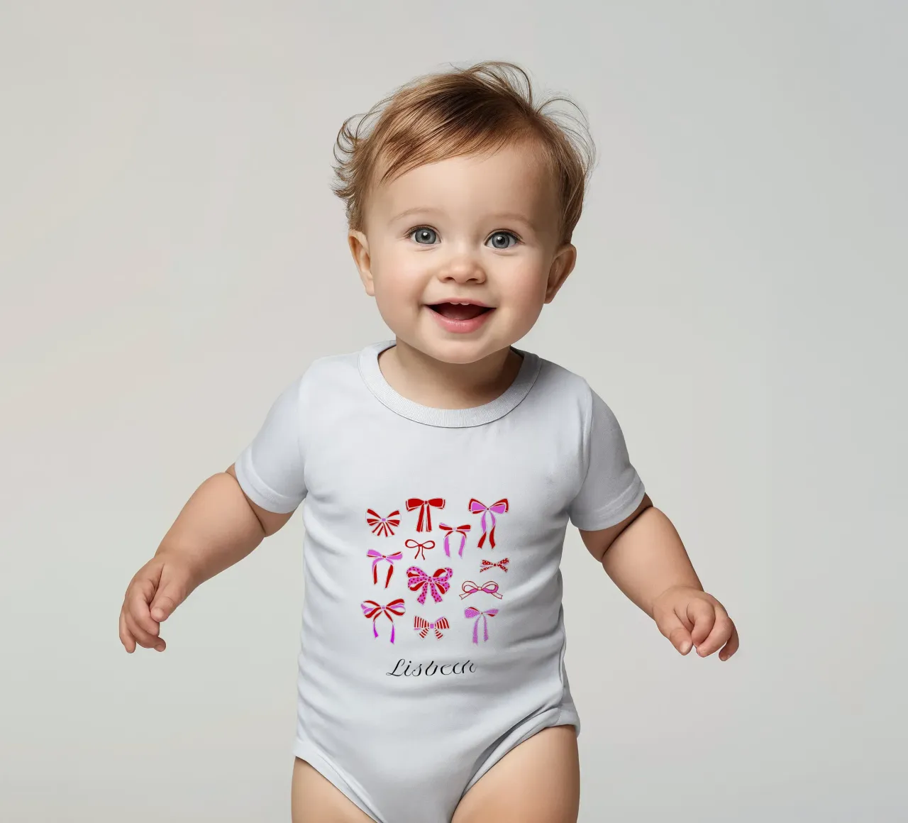 Festive Ribbons and Bows Collection in Red and Pink short-sleeve baby romper by Dominique Vari