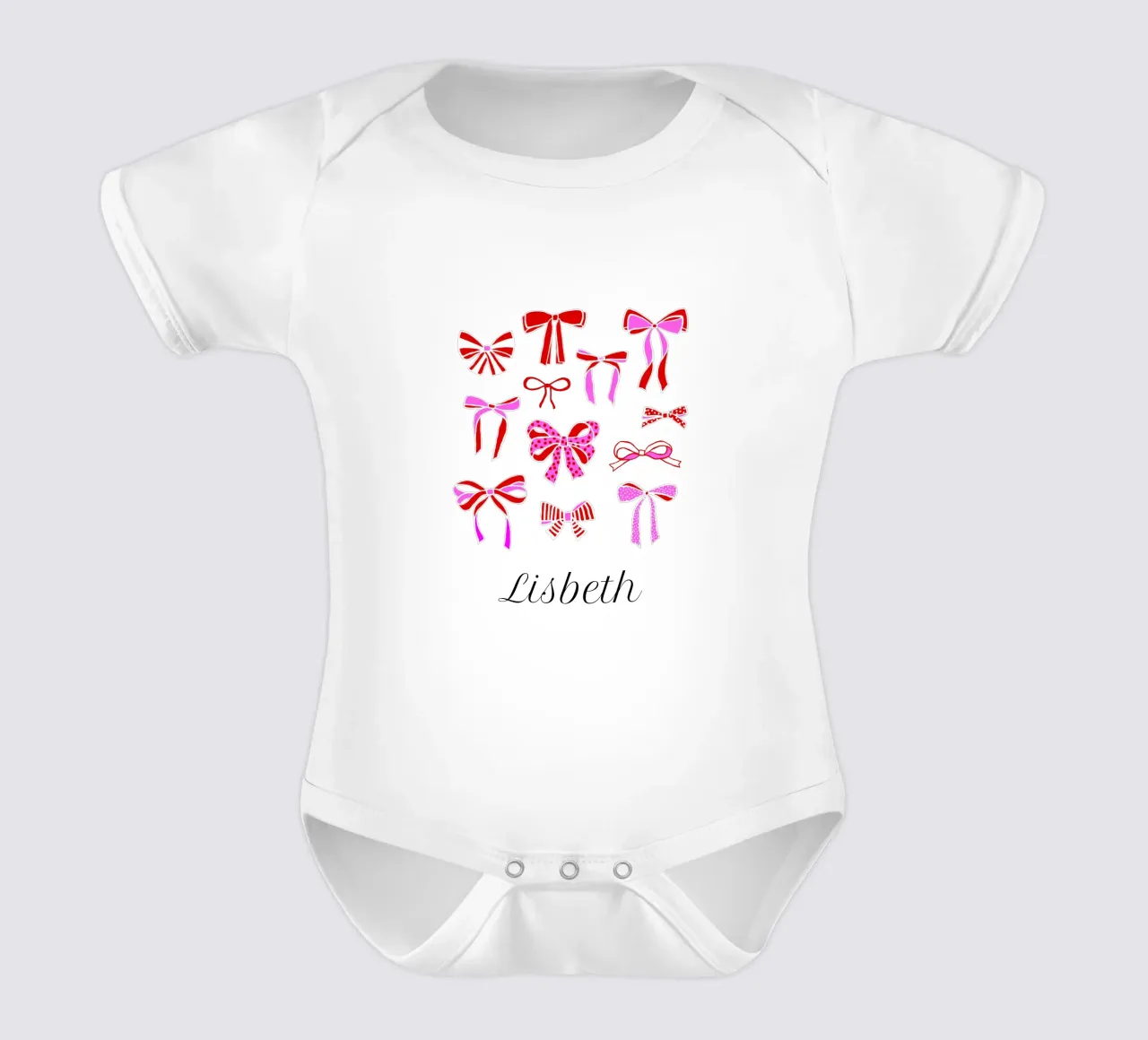 Festive Ribbons and Bows Collection in Red and Pink short-sleeve baby romper by Dominique Vari