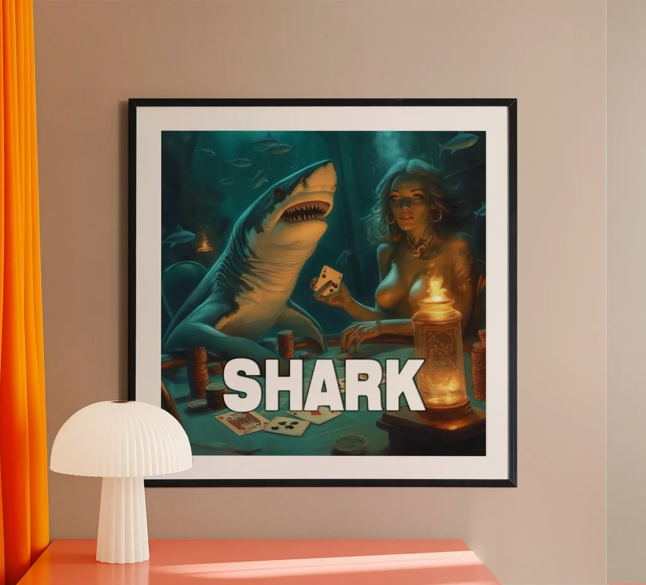 Giocatore di Shark Poker poster con telaio in alluminio da Motivate-Today