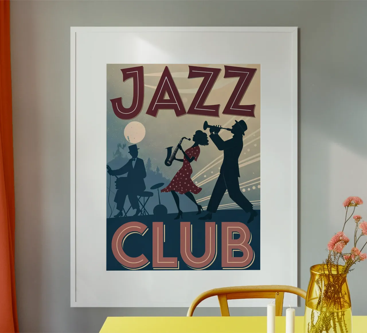 Vintage Jazz Night Music Scene poster with wooden frame by Jester Krew Art