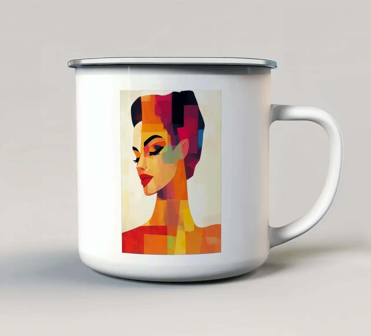 Abstract portret in oranje tinten emaille mok van Imagine