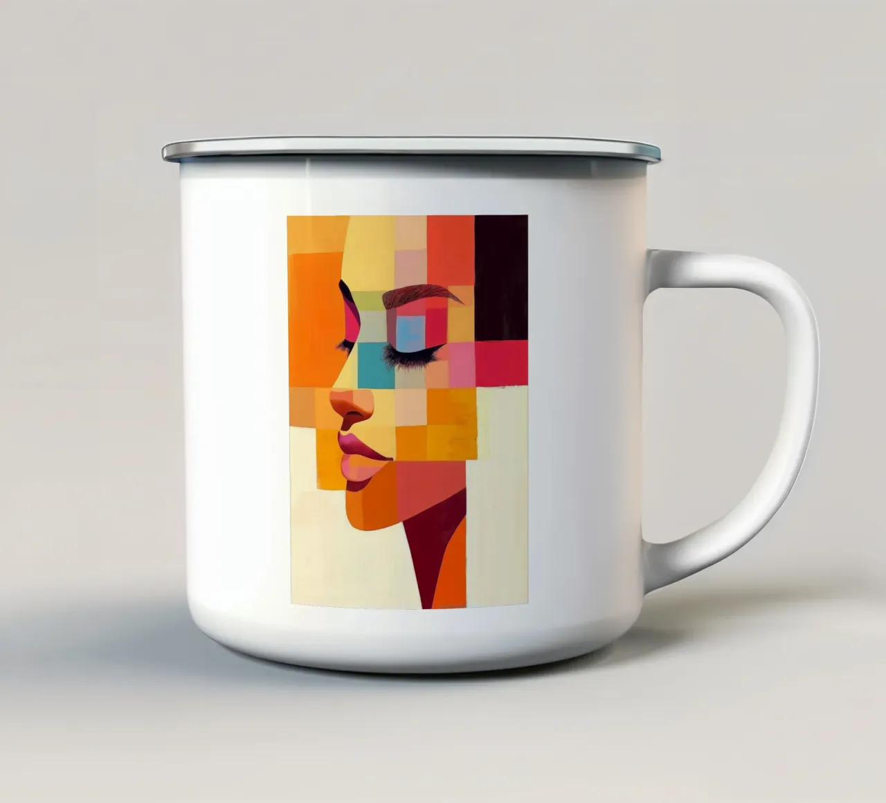 Abstraktes Porträt in Orangetönen Emaille Tasse von Imagine