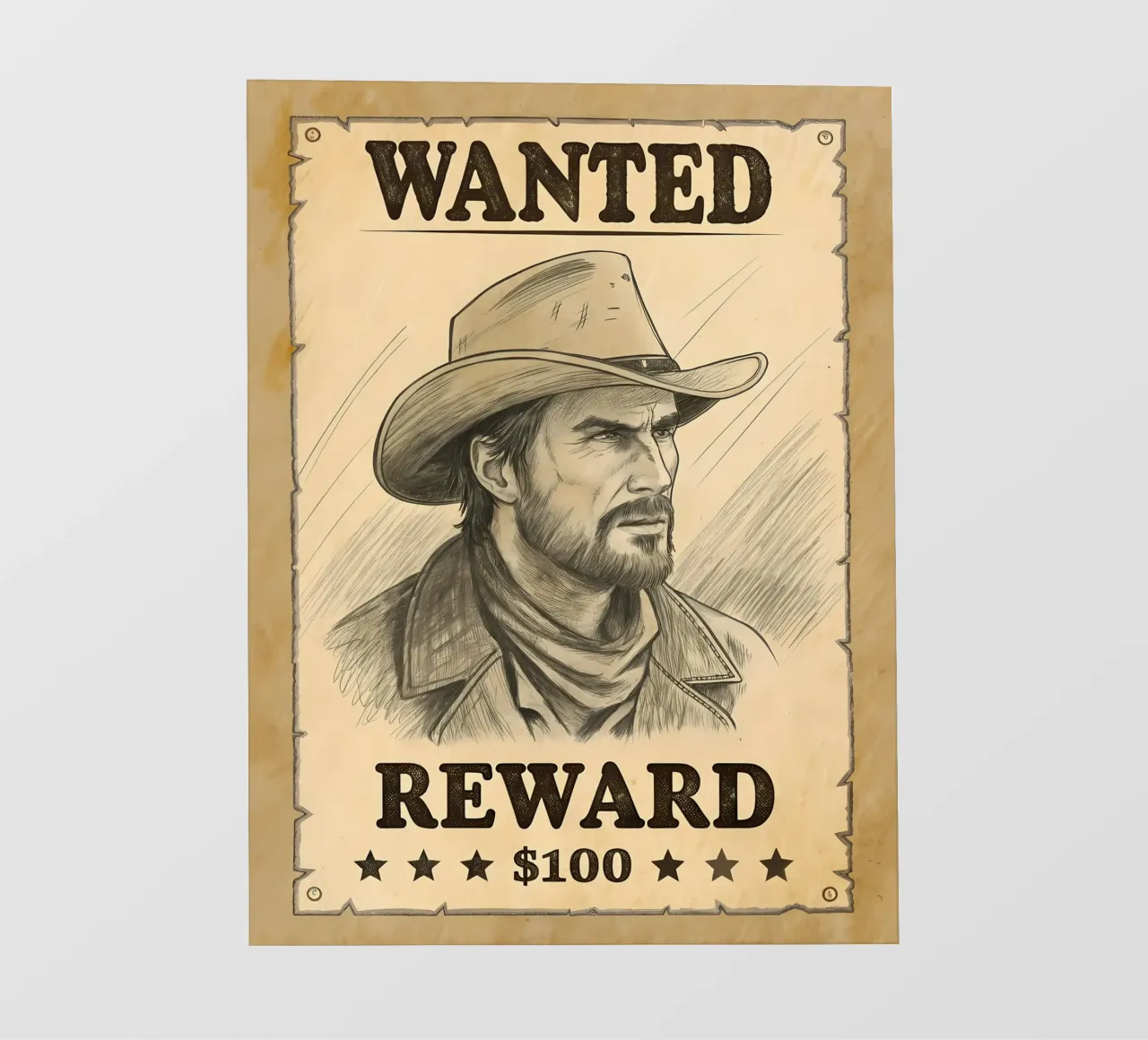 Cartel rústico de se busca con dibujo de vaquero lámina retroiluminada de Jester Krew Art