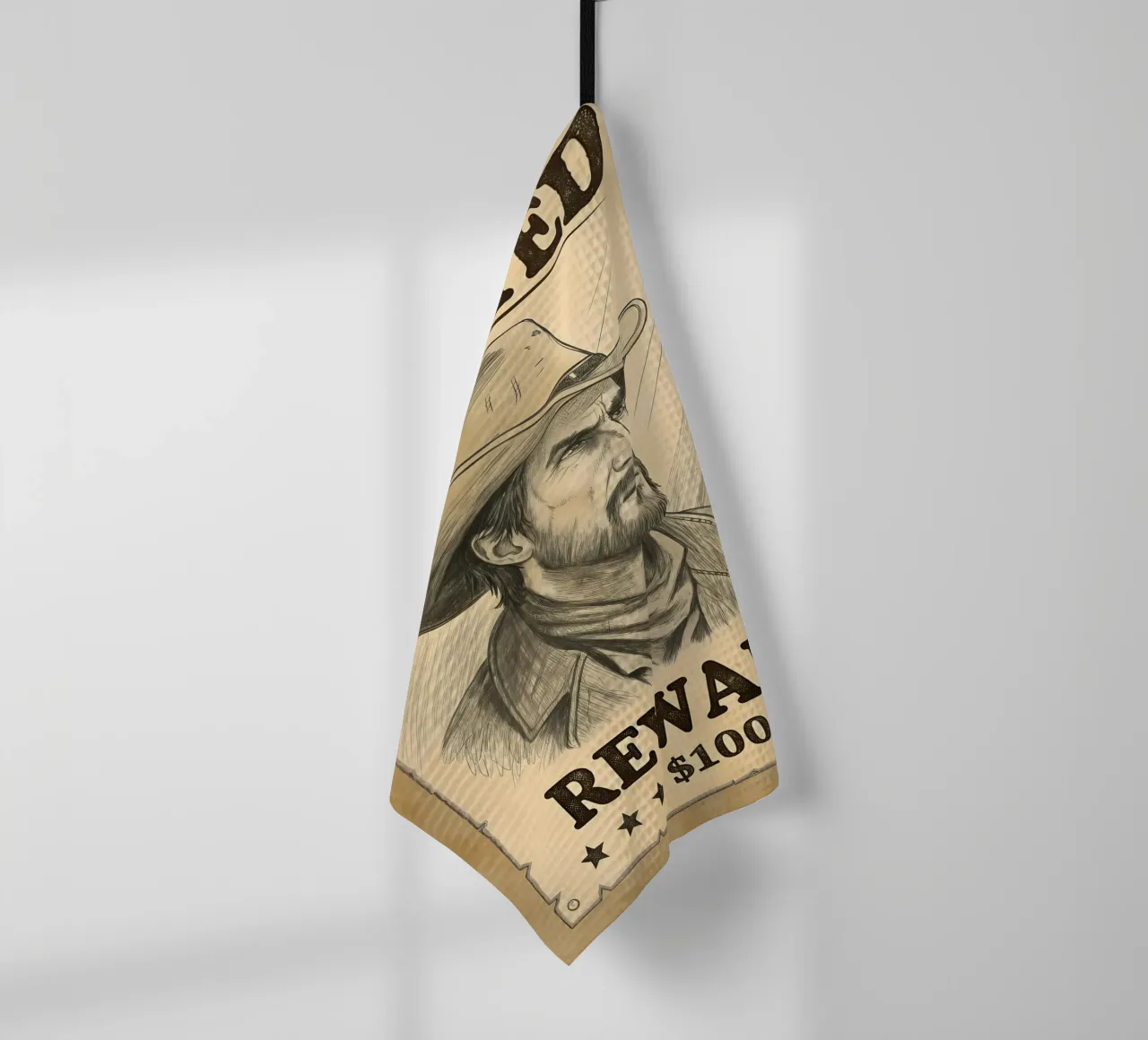 Rustic Wanted Poster with Cowboy Sketch tea towel by Jester Krew Art