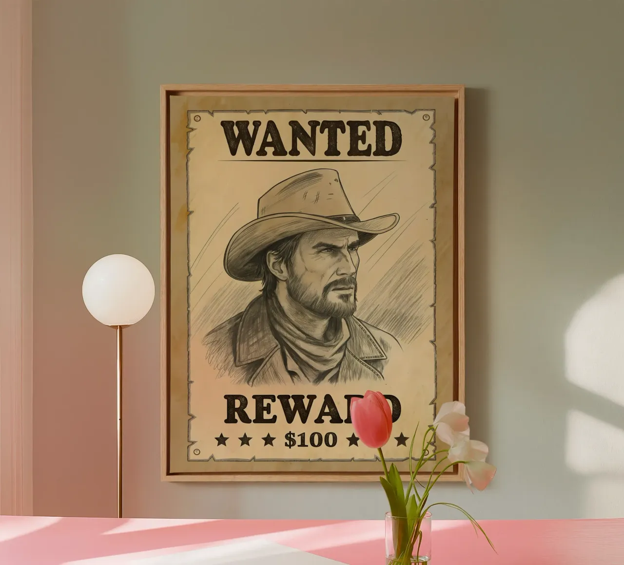 Rustic Wanted Poster with Cowboy Sketch canvas with Floater frame by Jester Krew Art