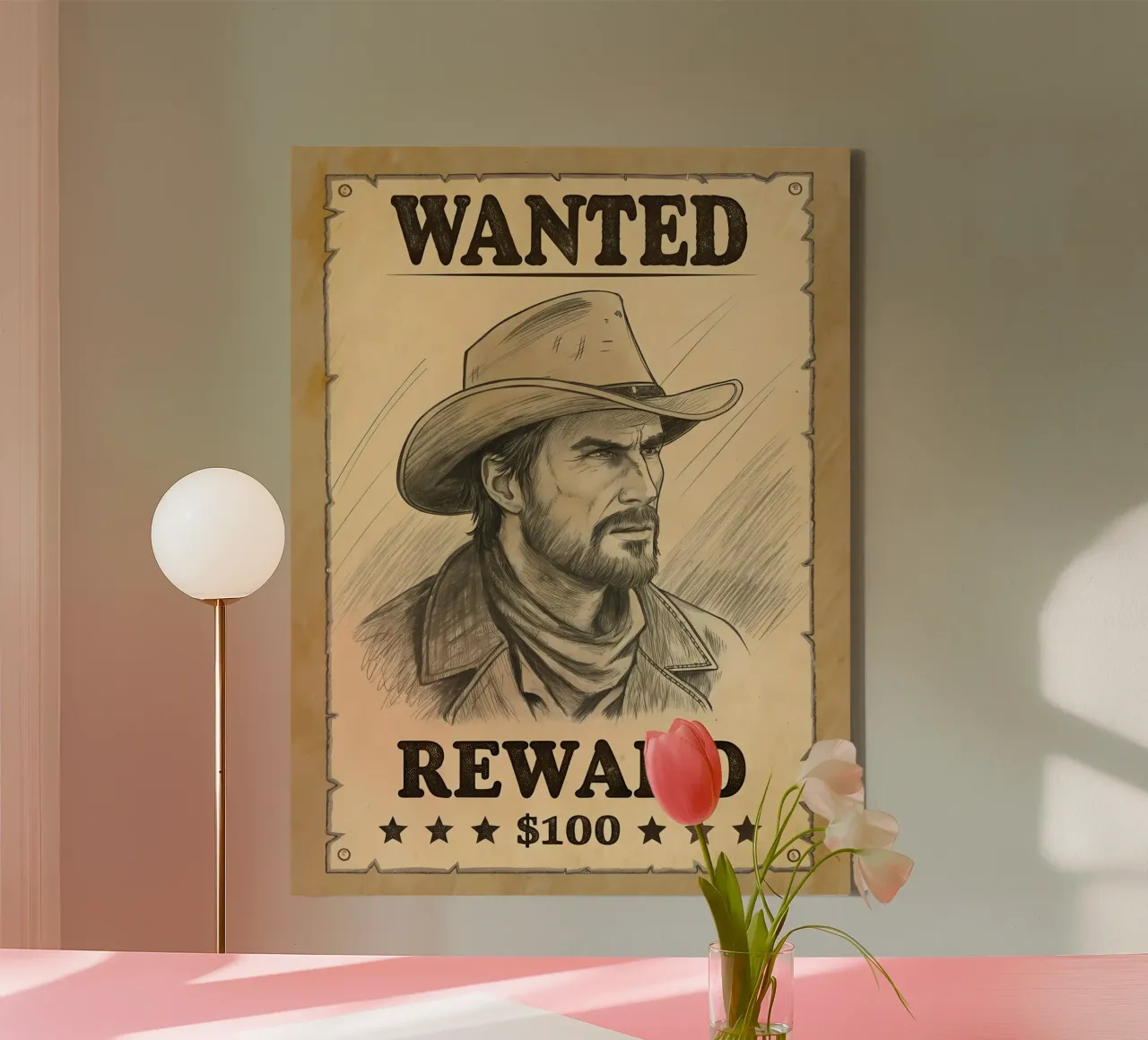 Rustic Wanted Poster with Cowboy Sketch canvas with Floater frame by Jester Krew Art