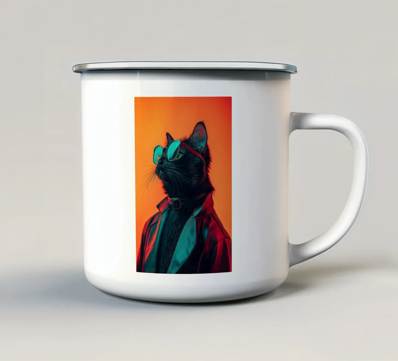 Gatto con giacca di pelle tazza in smalto da Imagine