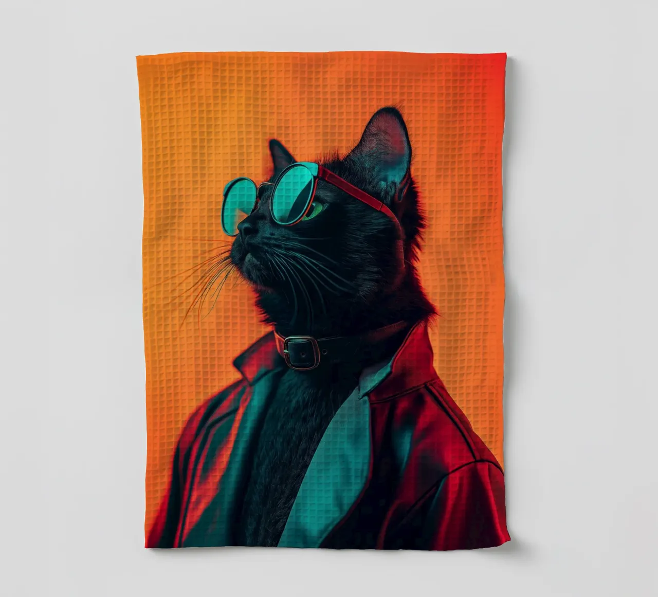 Cat in leather jacket tea towel by Imagine