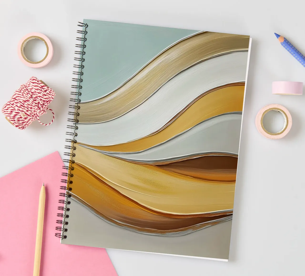 Abstract waves with gold spiral notebook by Imagine