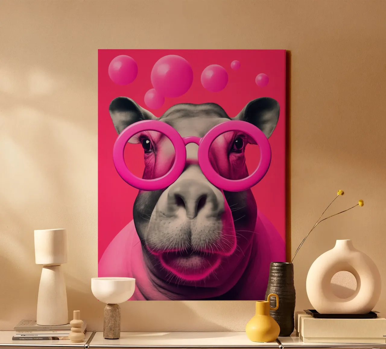 Pink Happy Hippo Pop Art canvas by Autofocus