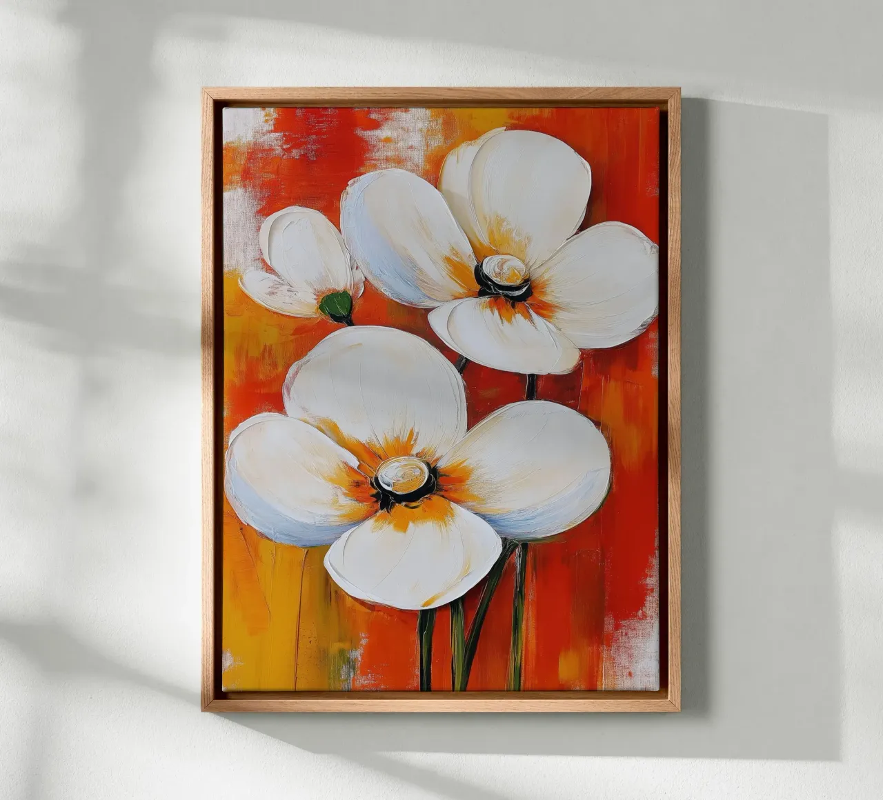 Blumen auf rotem Hintergrund Leinwand mit Schattenfugenrahmen von Imagine