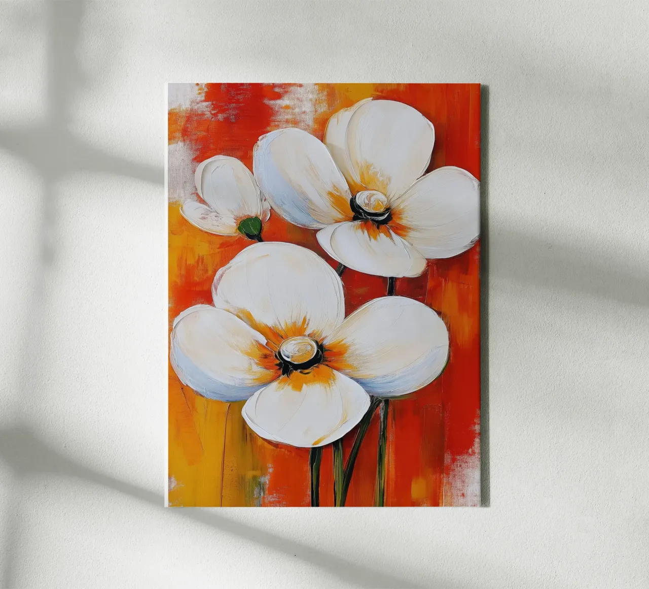Blumen auf rotem Hintergrund Leinwand mit Schattenfugenrahmen von Imagine