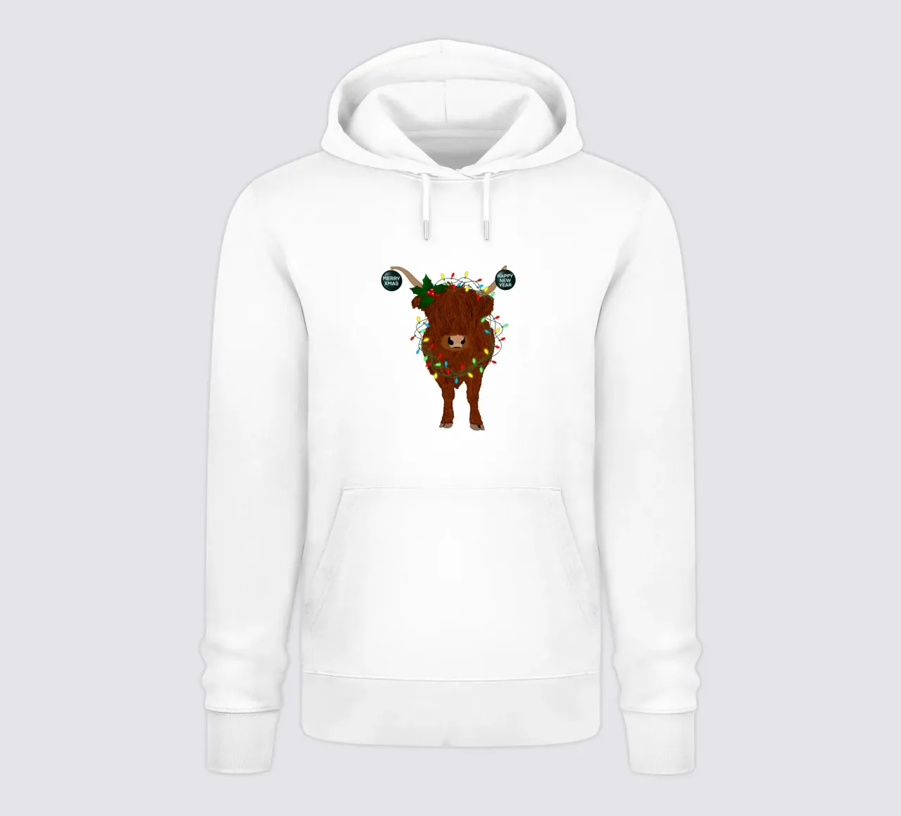 MUCCA SCOZZESE DELLE HIGHLANDS CON LUCI DI NATALE AGGROVIGLIATE felpa con cappuccio da ARTOMATIC