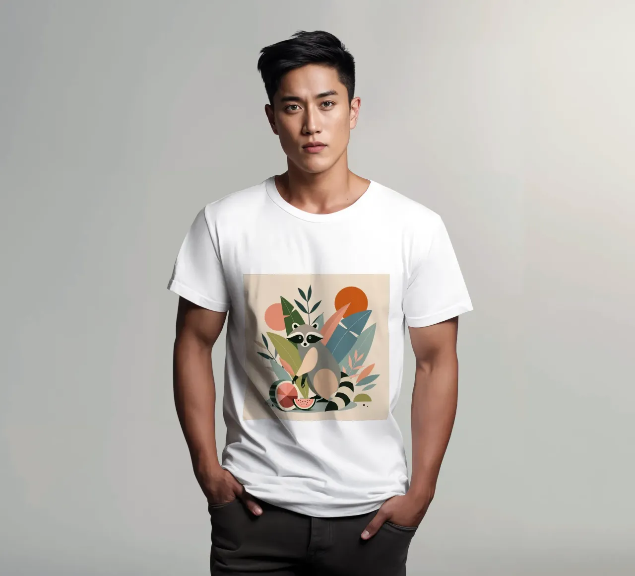 Raccoon with tropical plants and melons t-shirt by namosh