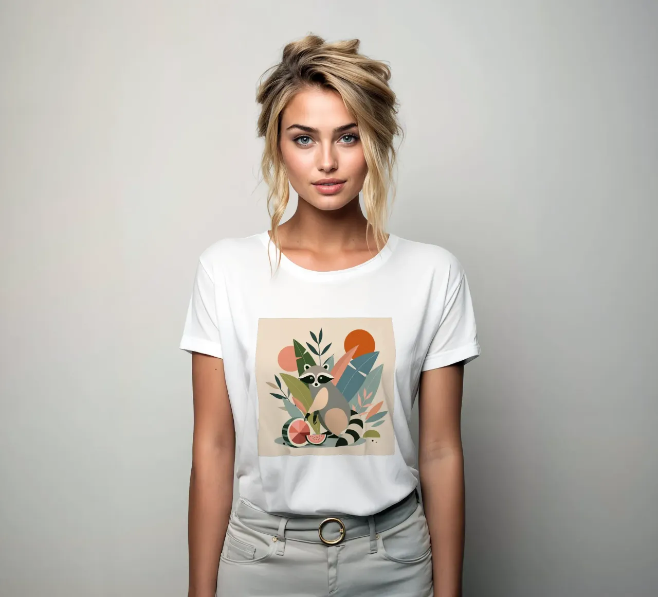 Mapache con plantas tropicales y melones camiseta de mujer de namosh