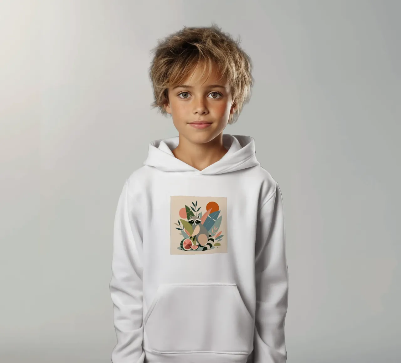 Raccoon with tropical plants and melons kids hoodie by namosh