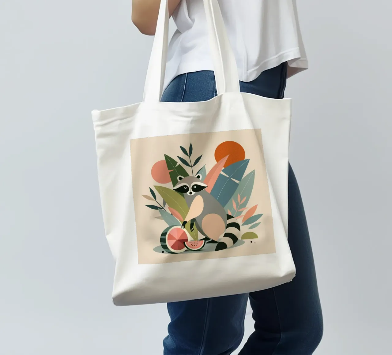 Raccoon with tropical plants and melons tote bag by namosh
