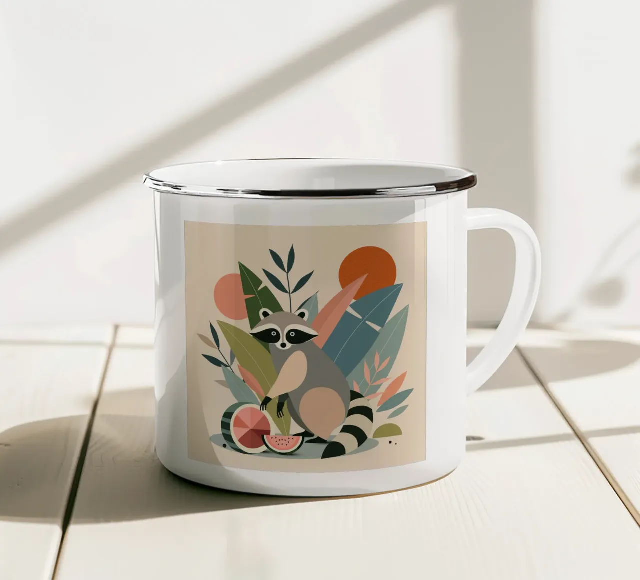 Procione con piante tropicali e meloni tazza in smalto da namosh