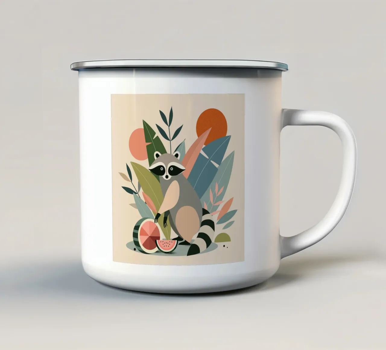 Procione con piante tropicali e meloni tazza in smalto da namosh