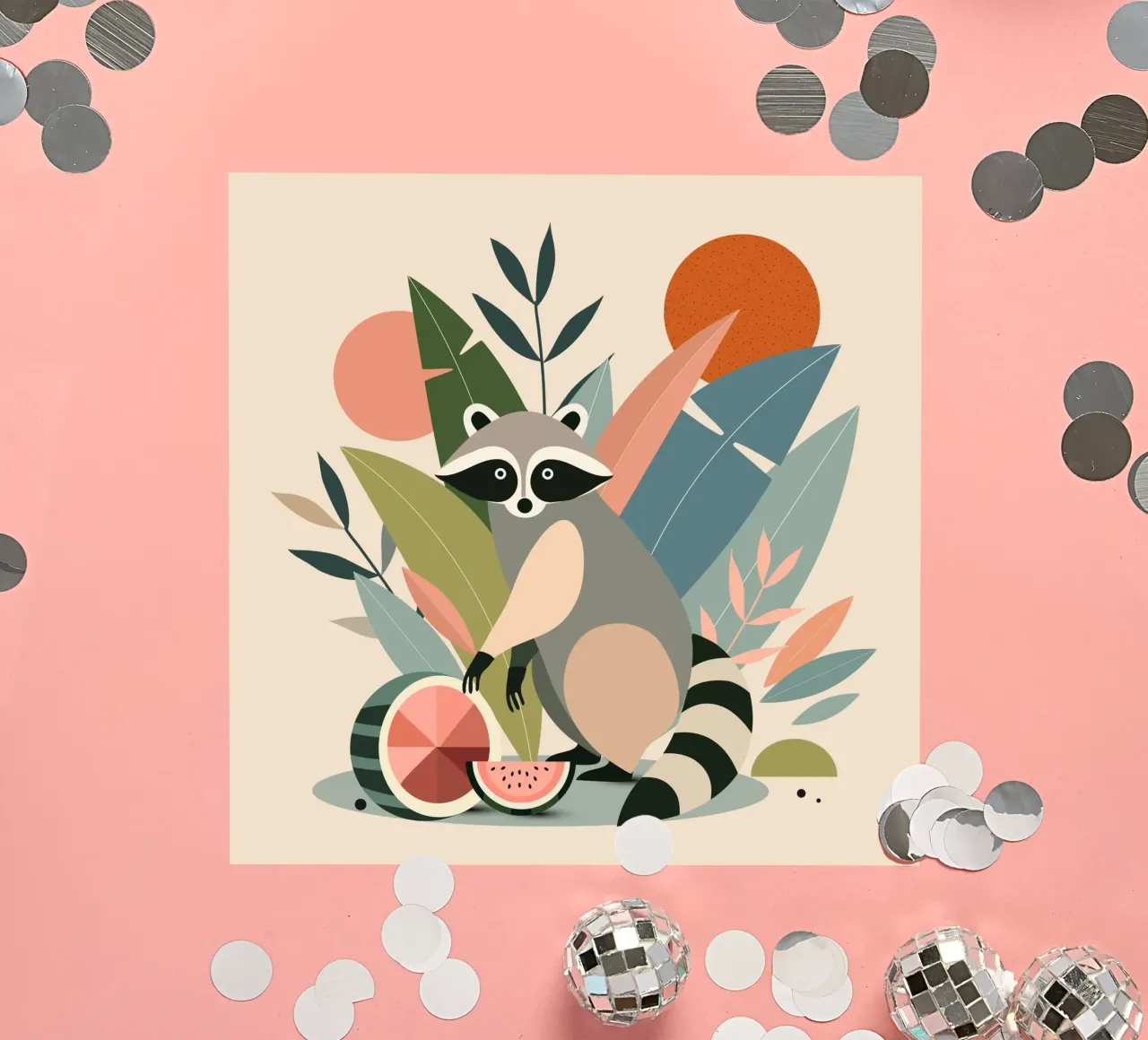 Raccoon with tropical plants and melons sticker by namosh