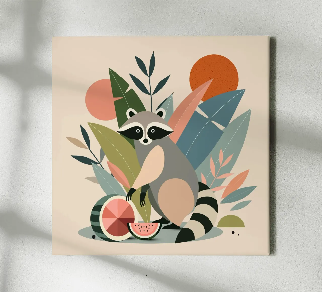 Raccoon with tropical plants and melons canvas by namosh