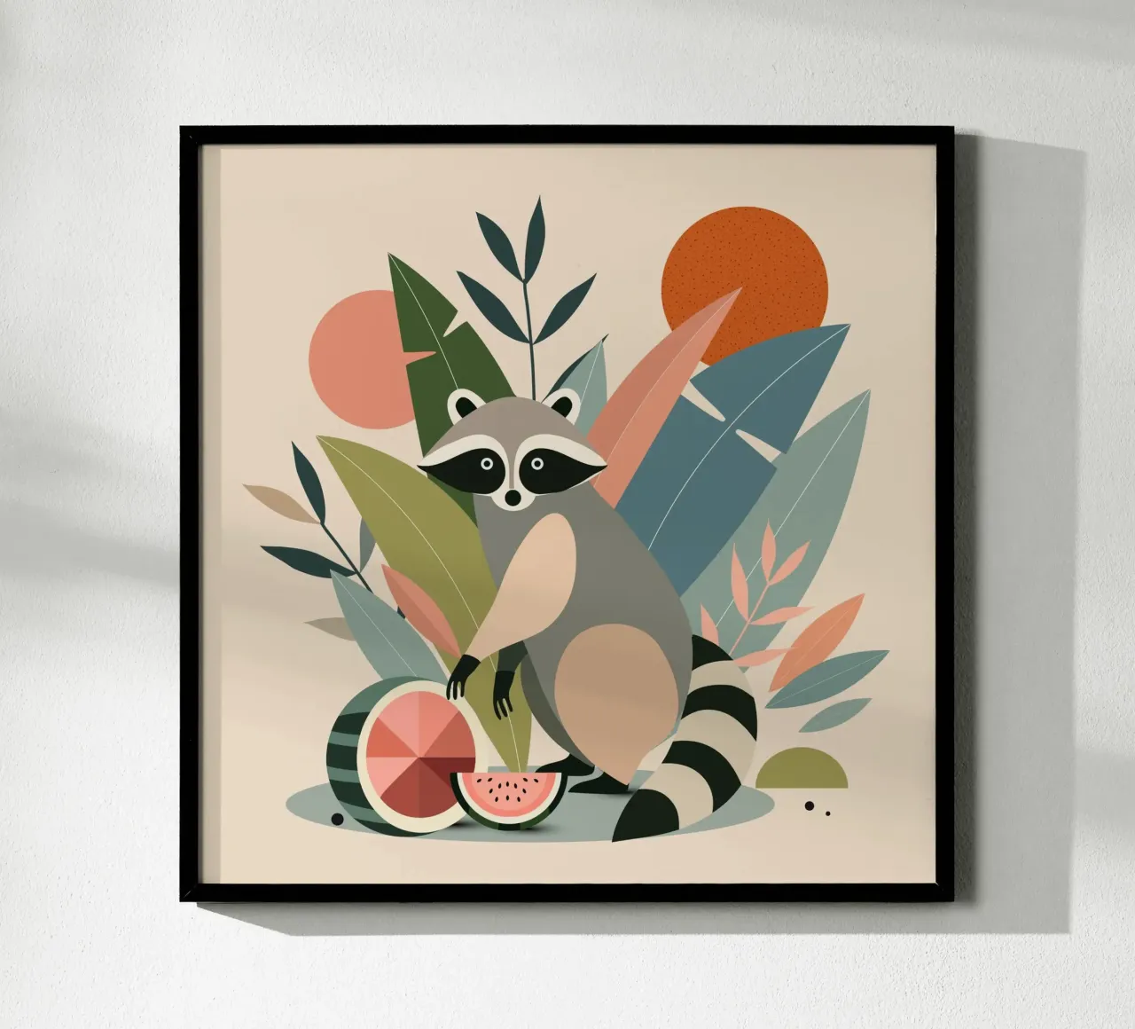 Raccoon with tropical plants and melons hahnemühle by namosh