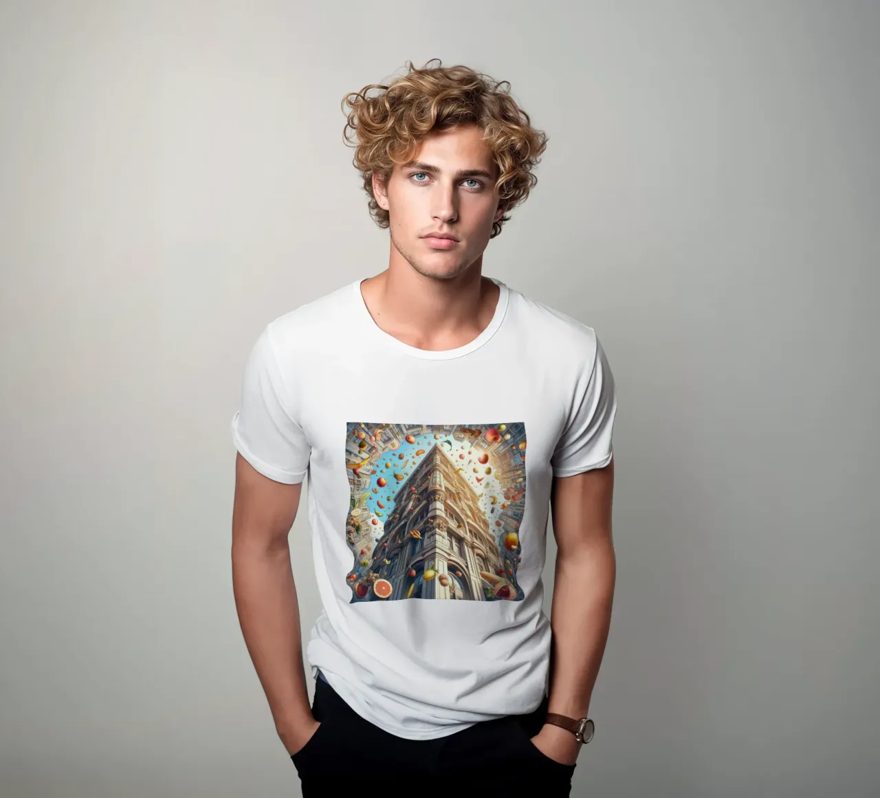 Sphere 047 - Surreal Building With Floating Fruits t-shirt da Spheres